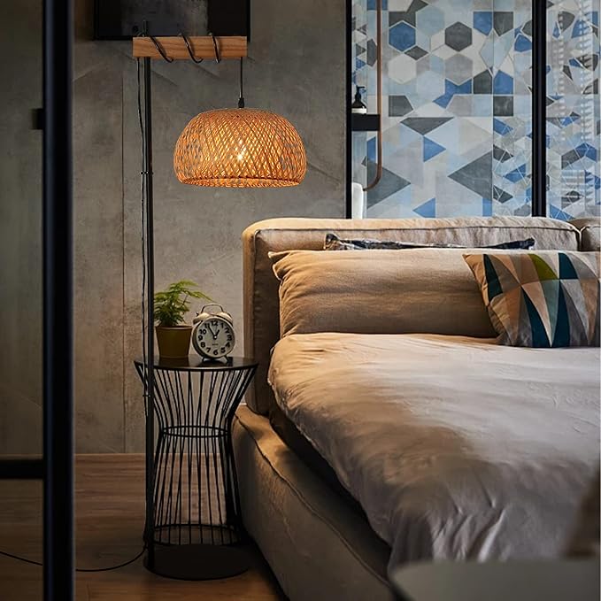 Industrial Tall Floor Lamp for Living Room Bamboo Lampshade, Black Lights Fixtures with Cord On/Off Switch E26 Base Industrial Modern Wire Wood Decoration Standing Lamp for Bedroom (No Bulb) - LeafyLoom