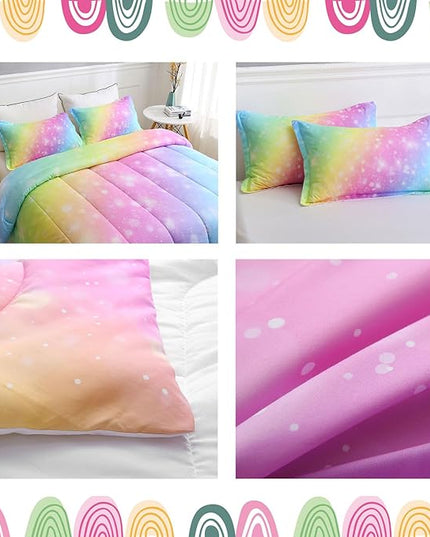 Girls Unicorn Bedding Set 3 Piece Rainbow Comforter Set for Teen Girls Adults with Sparkle Stars Soft Bedding Sets Machine Washable, Multi, Twin - LeafyLoom