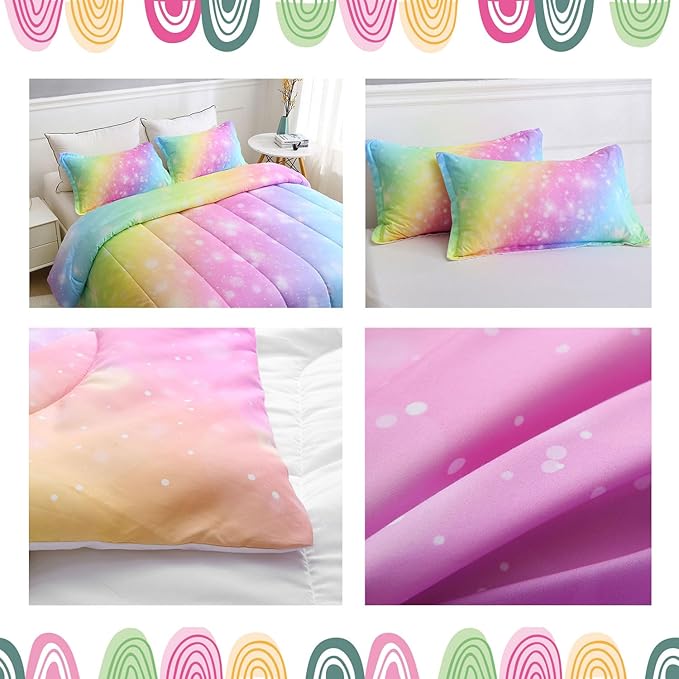 Girls Unicorn Bedding Set 3 Piece Rainbow Comforter Set for Teen Girls Adults with Sparkle Stars Soft Bedding Sets Machine Washable, Multi, Twin - LeafyLoom