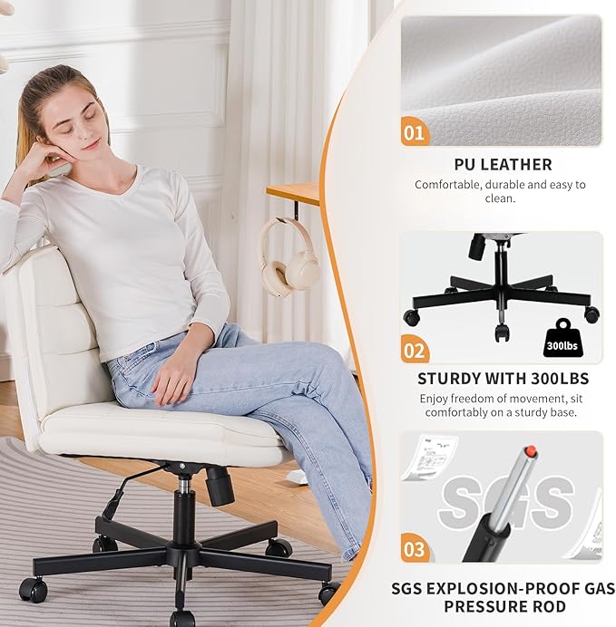 COMHOMA Criss Cross Chair with Wheels, Armless Wide Cross Legged Office Chair Mid Back, Modern Home Office Desk Chair Swivel Adjustable Vanity Computer Chair, Beige - LeafyLoom
