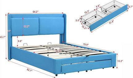 Queen Size Lift Up Storage Bed Platform Bed with 2 Drawers,Upholstered Platform Bed with Headboard and Wood Slats Support, Queen Size Bedframe with Hydraulic Storage System, Easy Assembly - LeafyLoom