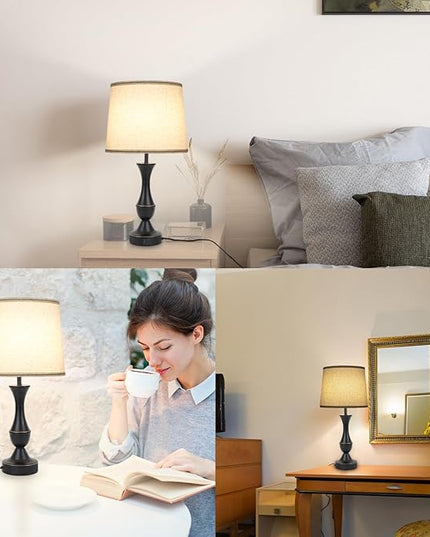 Touch Lamps for Bedrooms Set of 2, Farmhouse Table Lamp with USB C Charging Port, 3 Way Dimmable Nightstand Lamps with Linen Fabric Lampshade for Bedroom, Living Room (Pack2-Black) - LeafyLoom