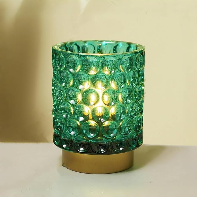 Battery Operated Table Lamp with Timer, 4.7" Tall Round Small Lamps, Cordless Crystal Night Light,Battery Powered Bedside Lamp, for Corner/Living Room/Bedroom/Tabletop, Green - LeafyLoom