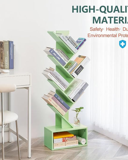Yoobure Tree Bookshelf - 6 Shelf Retro Floor Standing Bookcase, Tall Wood Book Storage Rack for CDs/Movies/Books, Utility Book Organizer Shelves for Bedroom, Living Room, Home Office Green - LeafyLoom