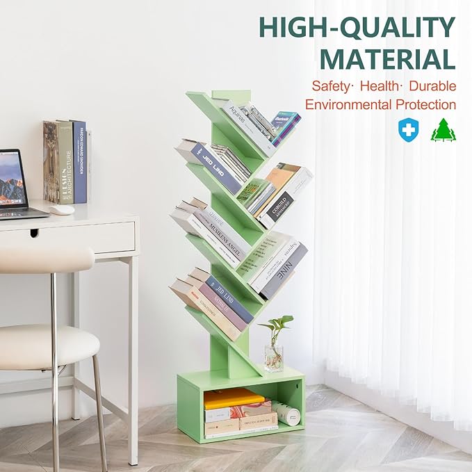 Yoobure Tree Bookshelf - 6 Shelf Retro Floor Standing Bookcase, Tall Wood Book Storage Rack for CDs/Movies/Books, Utility Book Organizer Shelves for Bedroom, Living Room, Home Office Green - LeafyLoom
