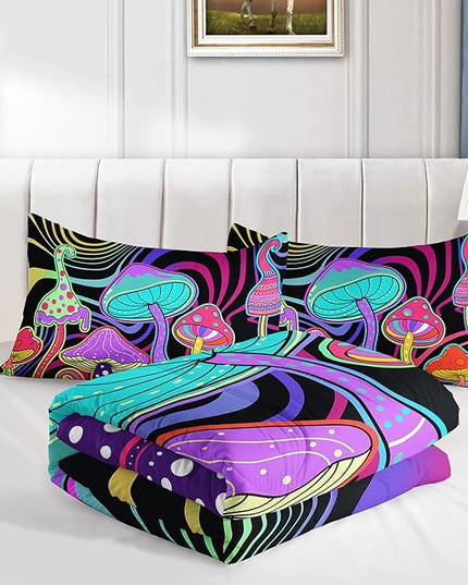 Colorful Mushroom Comforter Set Twin Size Kids 3D Mushroom Bedding Set Cute Hippy Theme Quilt Bed Set for Boys Girls Adults with 1 Comforter and 2 Pillowcases - LeafyLoom