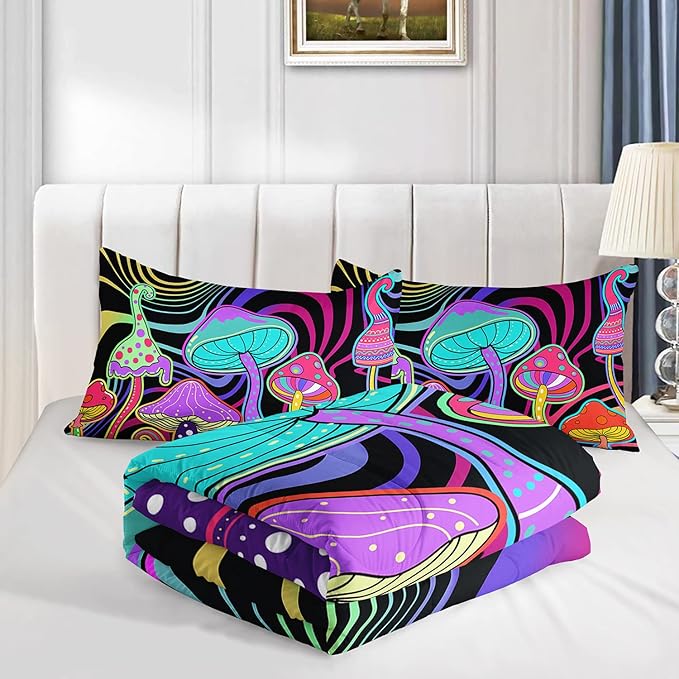 Colorful Mushroom Comforter Set Twin Size Kids 3D Mushroom Bedding Set Cute Hippy Theme Quilt Bed Set for Boys Girls Adults with 1 Comforter and 2 Pillowcases - LeafyLoom