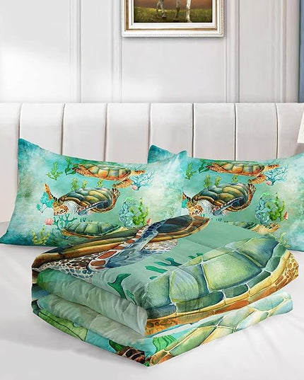 Datura home Sea Turtle Comforter Bedding Set for Kids Teens Adults,Watercolor Sea Turtle Light-Green and Blue Coral Seaweed Ocean Themed Comforter with 2 Pillowcases(Turtle Queen),Green Turtle - LeafyLoom