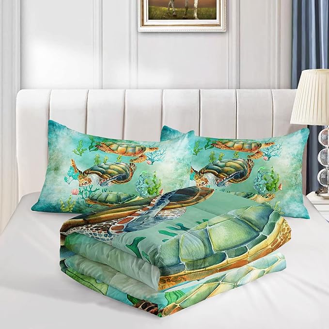 Datura home Sea Turtle Comforter Bedding Set for Kids Teens Adults,Watercolor Sea Turtle Light-Green and Blue Coral Seaweed Ocean Themed Comforter with 2 Pillowcases(Turtle Queen),Green Turtle - LeafyLoom