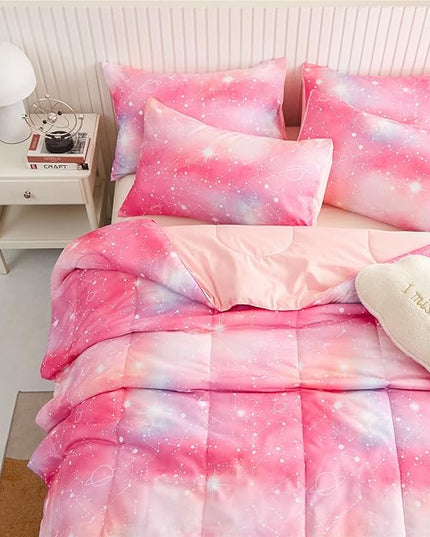 Pink Ombre Glitter Galaxy Comforter Set Twin Size for Girls, Sparkle Constellation Starry Sky Comforter for Kids Teen, 2 Piece Soft Microfiber Bedding Sets with 1 Pillow Case for All Season(Pink,Twin) - LeafyLoom
