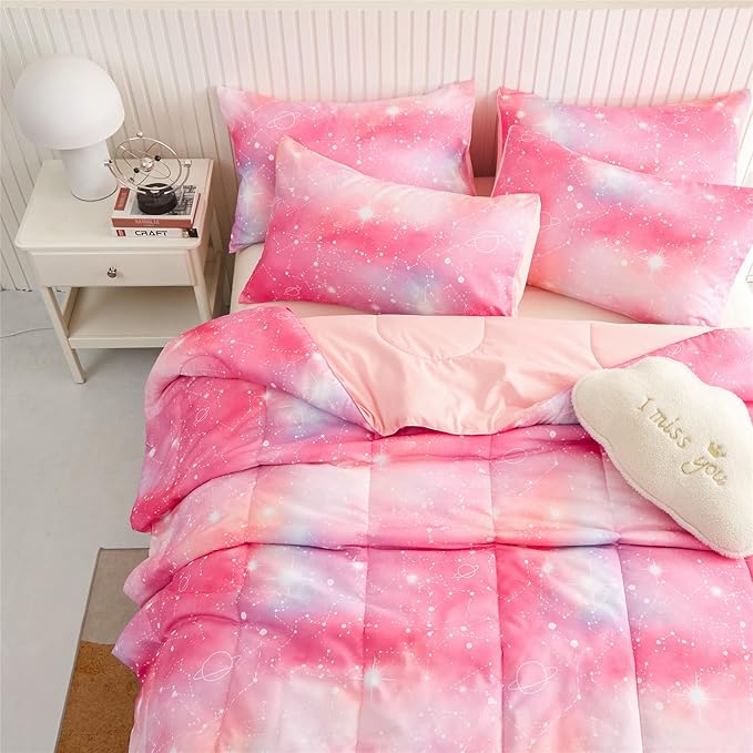KAKKI Pink Galaxy Queen Comforter Set, 3-Piece, 88"x88" - LeafyLoom