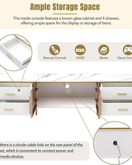 Merax Stylish LED TV Stand for Televisions Up to 78'', Entertainment Center with Brown Glass Storage Cabinet, Marble-veined Table Top, Golden Legs & Handles for Living Room, White - LeafyLoom