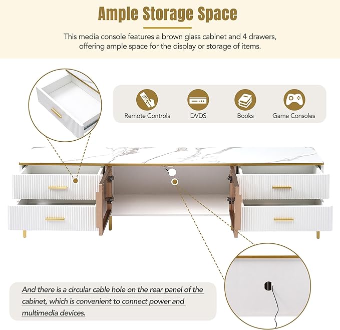 Merax Stylish LED TV Stand for Televisions Up to 78'', Entertainment Center with Brown Glass Storage Cabinet, Marble-veined Table Top, Golden Legs & Handles for Living Room, White - LeafyLoom