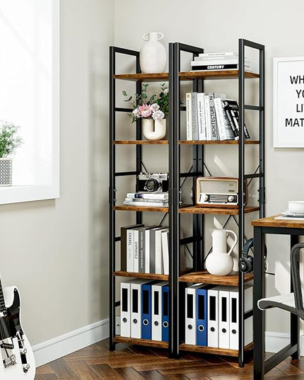 NUMENN 5 Tier Slim Bookshelf, Tall Bookcase Shelf Storage Organizer, Modern Book Shelf for Bedroom, Living Room and Home Office, Vintage - LeafyLoom