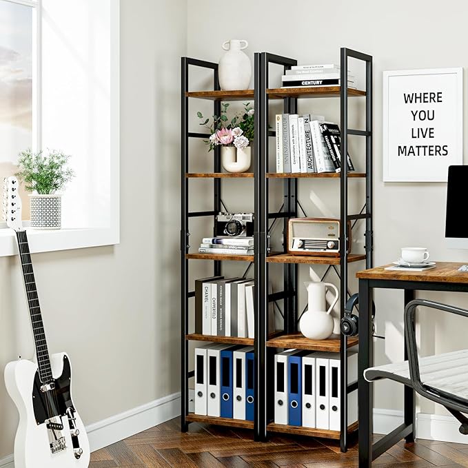NUMENN 5 Tier Slim Bookshelf, Tall Bookcase Shelf Storage Organizer, Modern Book Shelf for Bedroom, Living Room and Home Office, Vintage - LeafyLoom