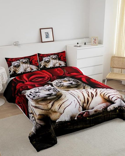 Tiger Comforter Set King, Red Rose Comforter Kids Girls Women,Red Image Of Large Cat Playing with Water Cool Nature Animal Quilted Duvet Insert Gorgeous Floral Flower Bedding Comforters,Brown - LeafyLoom