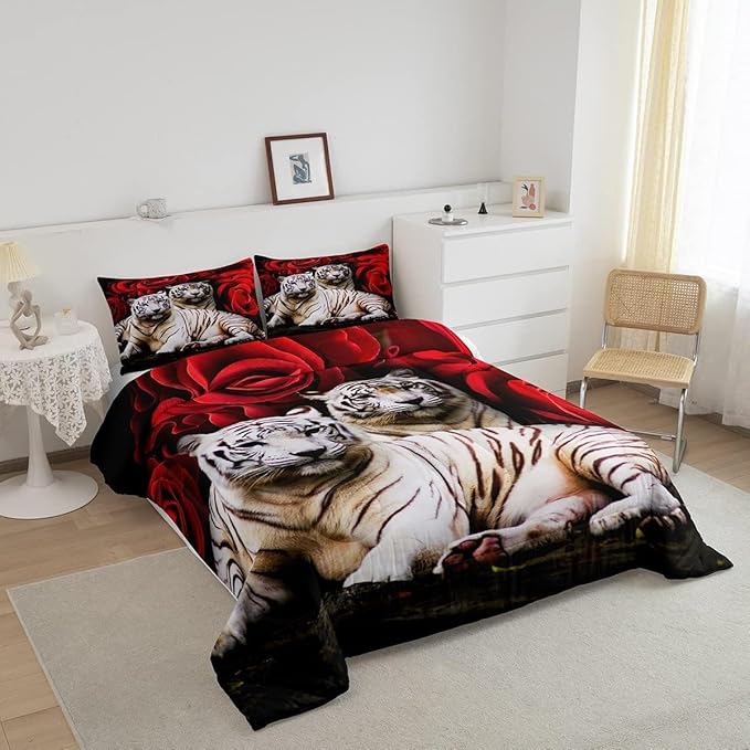 Tiger Comforter Set King, Red Rose Comforter Kids Girls Women,Red Image Of Large Cat Playing with Water Cool Nature Animal Quilted Duvet Insert Gorgeous Floral Flower Bedding Comforters,Brown - LeafyLoom