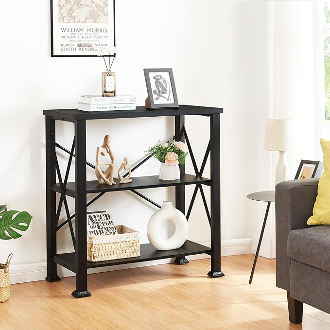 HOMBAZAAR Bookshelf, 3-Tier Industrial Bookshelf, Etagere Bookcases and Bookshelves, Small Bookshelf Storage Organizer, Freestanding Bookshelf for Living Room, Bedroom and Home Office,Black - LeafyLoom