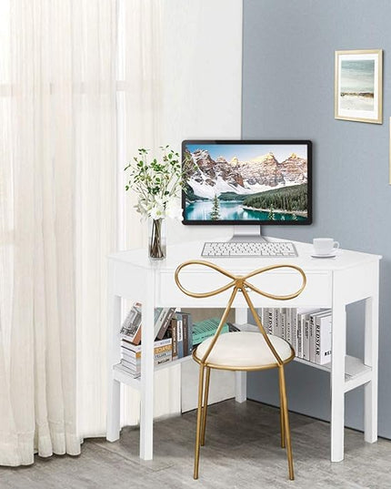 Nightcore Small, Wood Computer Desk, Compact Writing w/Drawer & Storage Shelves, Space Saving Study Workstation, Laptop PC Corner Table, White - LeafyLoom