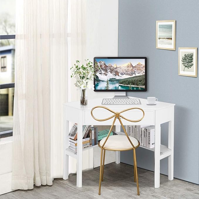 Nightcore Small, Wood Computer Desk, Compact Writing w/Drawer & Storage Shelves, Space Saving Study Workstation, Laptop PC Corner Table, White - LeafyLoom