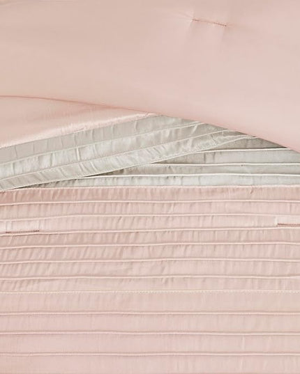 Madison Park Amherst Faux Silk Comforter Set-Casual Contemporary Design All Season Down Alternative Bedding, Matching Shams, Bedskirt, Decorative Pillows, Queen (90 in x 90 in), Blush/Taupe 7 Piece - LeafyLoom
