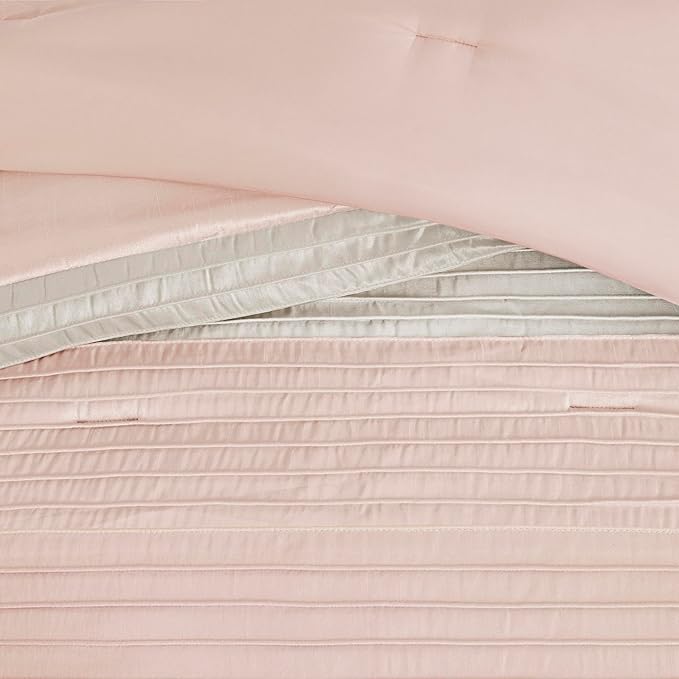Madison Park Amherst Faux Silk Comforter Set-Casual Contemporary Design All Season Down Alternative Bedding, Matching Shams, Bedskirt, Decorative Pillows, Queen (90 in x 90 in), Blush/Taupe 7 Piece - LeafyLoom