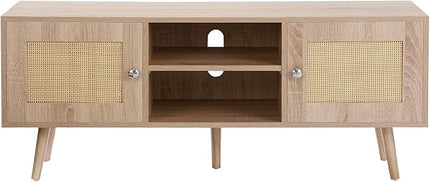 VEVOR Rattan TV Stand, Boho TV Cabinet for 55 inch TV, Mid Century Modern TV Stand, Rattan TV Console with Adjustable Shelfs for Living Room, Media Room, Oak - LeafyLoom