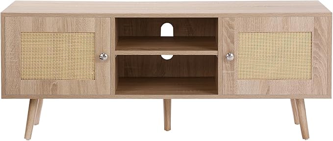 VEVOR Rattan TV Stand, Boho TV Cabinet for 55 inch TV, Mid Century Modern TV Stand, Rattan TV Console with Adjustable Shelfs for Living Room, Media Room, Oak - LeafyLoom