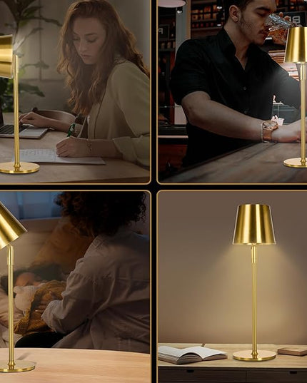 Cordless Table Lamp,Portable LED Desk Lamp, Battery Operated, 3 Color Stepless Dimming Up, for Restaurant/Bedroom/Bars/Outdoor Party/Camping/Coffee Shop Night Light。 (Gold) - LeafyLoom