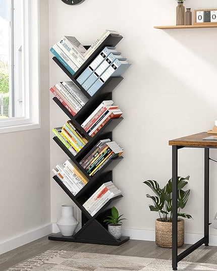 Topfurny Tree Bookshelf, 9-Tier Shelf Rustic Brown Bookcase, Retro Wood Storage Rack for CDs/Movies/Books, Anti-Fall Utility Organizer Shelves for Living Room, Bedroom, Home Office, Black - LeafyLoom