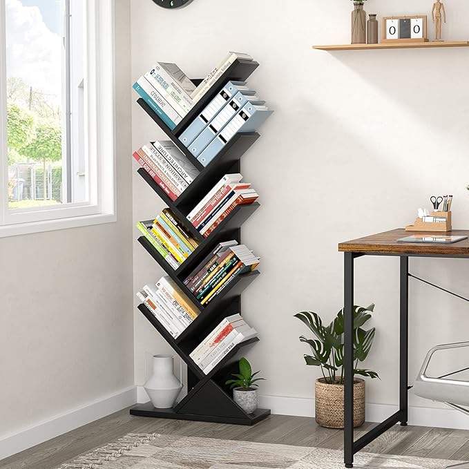 Topfurny Tree Bookshelf, 9-Tier Shelf Rustic Brown Bookcase, Retro Wood Storage Rack for CDs/Movies/Books, Anti-Fall Utility Organizer Shelves for Living Room, Bedroom, Home Office, Black - LeafyLoom