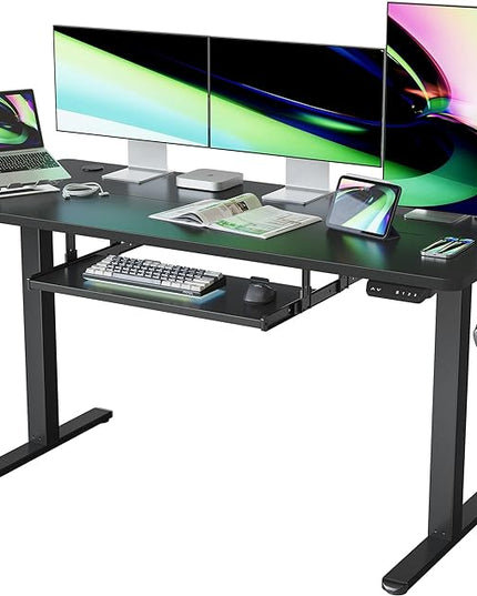 FEZIBO Standing Desk with Keyboard Tray, 63 × 24 Inches Electric Height Adjustable Desk, Sit Stand Up Desk, Computer Office Desk, Black - LeafyLoom