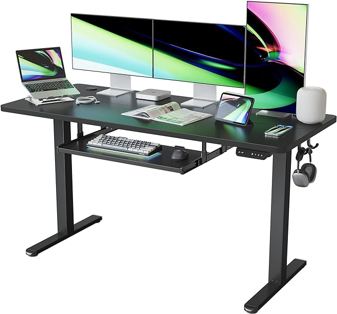 FEZIBO Standing Desk with Keyboard Tray, 63 × 24 Inches Electric Height Adjustable Desk, Sit Stand Up Desk, Computer Office Desk, Black - LeafyLoom