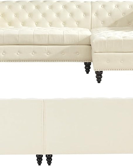 Tbfit L-Shape Sofa Couch with Chaise, Chesterfield Sofas with Nailhead Trim, Deep Button Tufted Sectional Couches for Living Room, Vintage Couches with Solid Wood Frame and Rolled Arms, Beige - LeafyLoom