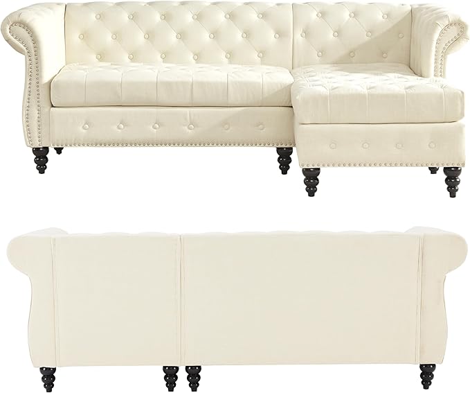 Tbfit L-Shape Sofa Couch with Chaise, Chesterfield Sofas with Nailhead Trim, Deep Button Tufted Sectional Couches for Living Room, Vintage Couches with Solid Wood Frame and Rolled Arms, Beige - LeafyLoom