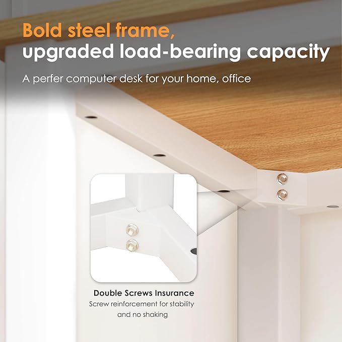 Need 63 Inch Large Computer Desk - Modern Simple Style Home Office Gaming Desk, Basic Writing Table for Study Student, White Metal Frame, Teak - LeafyLoom