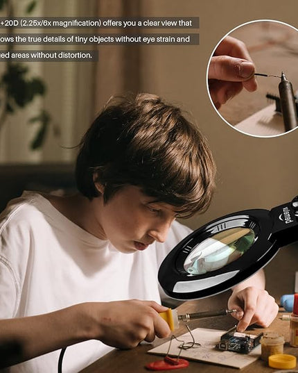 Bifocals Magnifying Desk Lamp with Clamp, 5 Diopter with 20 Diopter, 6 Inch Detachable Lens and 120PCS LEDs, 3 Color Modes 1200 Lumens Swivel Arm Magnifying Lamp with Light for Crafts - LeafyLoom