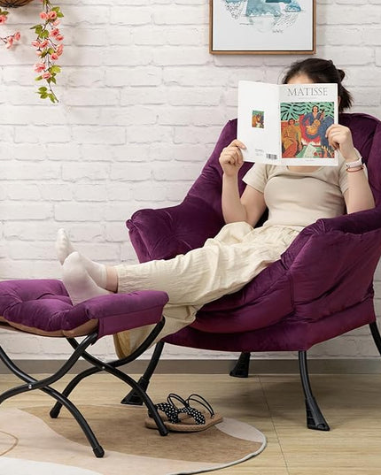 HollyHOME Fabric Lazy Chair with Foldable Ottoman, Accent Comfy Lounge Arm Chair and Folding Footrest Stool Set, Leisure Sofa Reading Chair and Footstool for Living Room, Bedroom, Dorm, Deep Purple - LeafyLoom