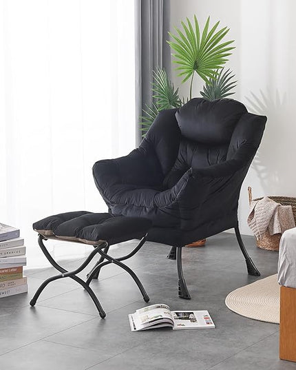 LITA Lazy Chair with Ottoman, Modern Accent Leisure Upholstered Sofa Chair, Contemporary Lounge Reading Chair with Armrests and a Side Pocket for Living Room, Bedroom & Small Space, Black - LeafyLoom
