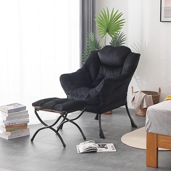 LITA Lazy Chair with Ottoman, Modern Accent Leisure Upholstered Sofa Chair, Contemporary Lounge Reading Chair with Armrests and a Side Pocket for Living Room, Bedroom & Small Space, Black - LeafyLoom