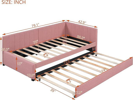 Merax Twin Size Daybed with Trundle, Linen Upholstered Sofa Bed, Solid Wood Slats Support, No Box Spring Needed, Wooden Day Bed Frame for Living Room, Apartment, Small Spaces, Pink - LeafyLoom