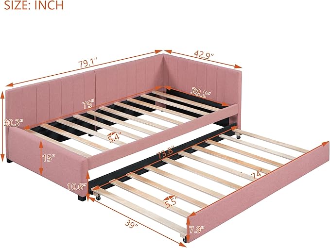 Merax Twin Size Daybed with Trundle, Linen Upholstered Sofa Bed, Solid Wood Slats Support, No Box Spring Needed, Wooden Day Bed Frame for Living Room, Apartment, Small Spaces, Pink - LeafyLoom