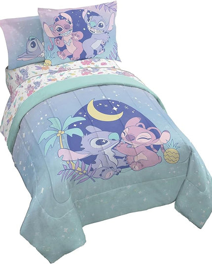 Disney Lilo and Stitch Full Size Comforter Set - 7 Piece Floral Bedding includes Sheet Set & Pillow Covers Features Angel - Super Soft Purple & Teal Stars Kids Bedding - LeafyLoom