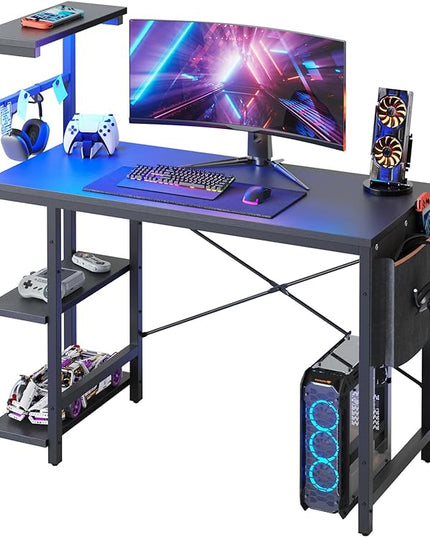 Bestier Gaming Desk with LED Lights, 44 Inch PC Gamer Desk for Small Spaces, Computer Desk with Reversible Storage Shelves & Side Storage Bag (Black Grained) - LeafyLoom