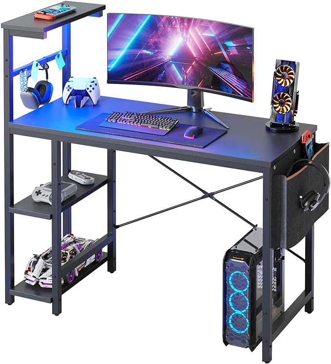 Bestier Gaming Desk with LED Lights, 44 Inch PC Gamer Desk for Small Spaces, Computer Desk with Reversible Storage Shelves & Side Storage Bag (Black Grained) - LeafyLoom