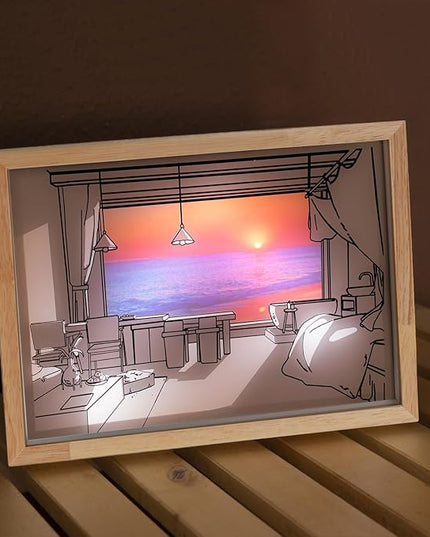 Decorative Lamp on Desk, Warm Seaside Design Desktop Illustration Light, USB Low Power Desk Lamp with Morning/Afternoon/Sunset 3 Modes - LeafyLoom
