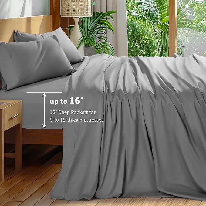 Shilucheng 100% Cotton King Size Sheets Set - 600 Thread Count，Luxury Egyptian Cotton Bed Sheets，5-Star Hotel Quality Sheets, Breathable & Cooling, 16 Inch Deep Pocket - 4 Piece (Grey, King) - LeafyLoom
