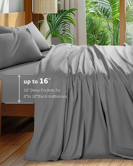 Shilucheng 100% Cotton Sheets Set - 600 Thread Count，Luxury Egyptian Cotton Bed Sheets，5-Star Hotel Quality Sheets, Breathable & Cooling, 16 Inch Deep Pocket - 4 Piece (Grey, Full) - LeafyLoom