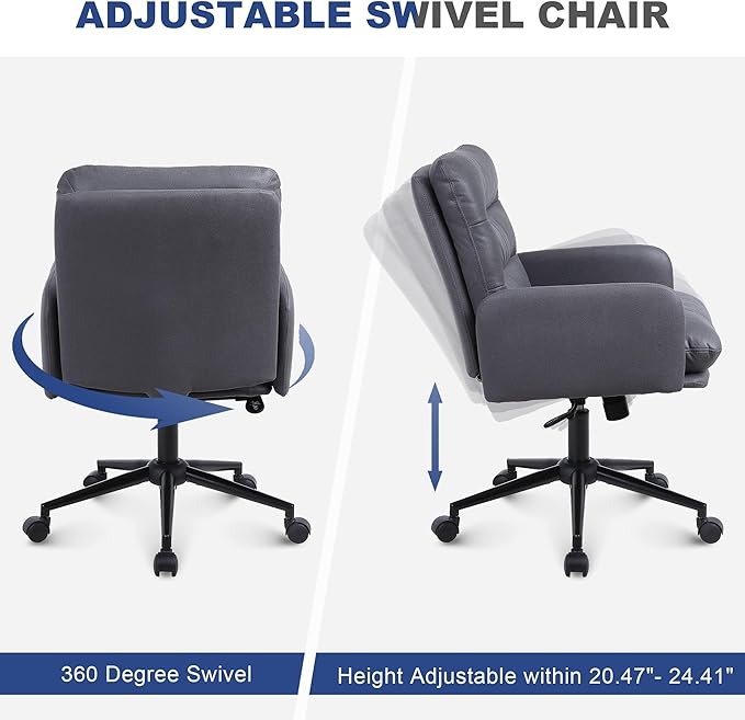 Adjustable Home Office Chair, Modern Mid Back Computer Desk Chair with Wheels, Ergonomic Upholstered Swivel Chair, Grey - LeafyLoom