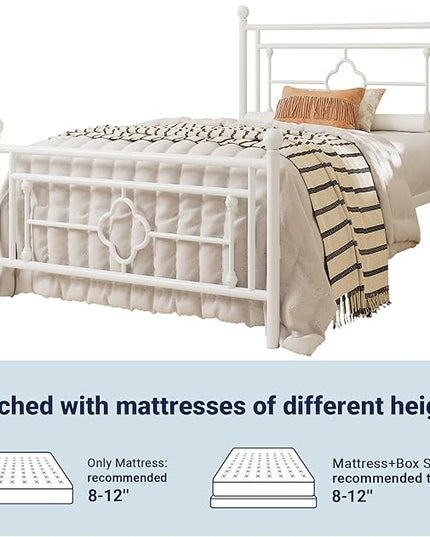 Allewie Twin Size Metal Platform Bed Frame with Victorian Vintage Headboard and Footboard/Mattress Foundation/Under Bed Storage/No Box Spring Needed/Noise-Free/Easy Assembly, White - LeafyLoom